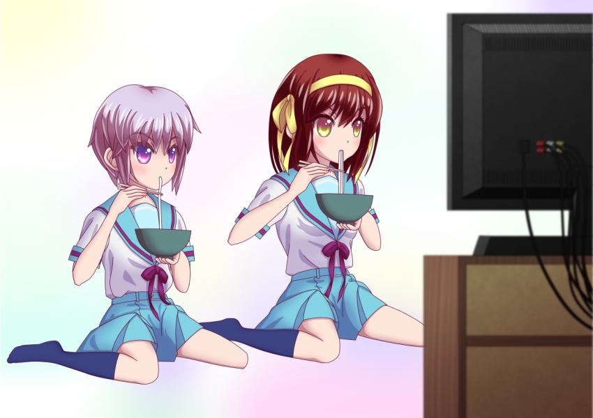 2girls, brown_eyes, brown_hair, chopsticks, eating, food, grey_hair, koishi