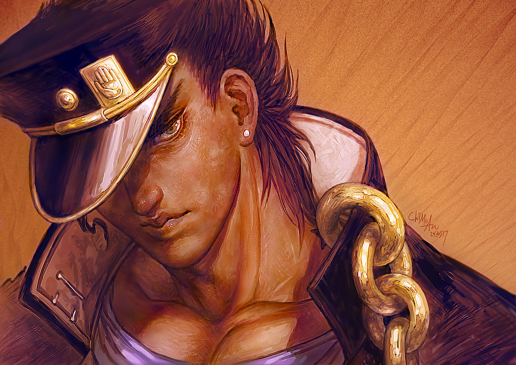 1boy, black_hair, chain, earrings, green_eyes, hat, jewelry, jojo_no_kimyou_na_bouken