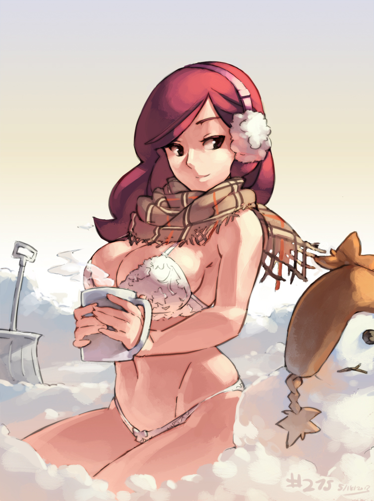 1girl, 2013, beryl_(junkpuyo), black_eyes, bra, breasts, brown_eyes, cleavage, cup, dated, earmuffs, female_focus, gradient_background, hat, holding, junkpuyo, lace, lace-trimmed_bra, lace_trim, large_breasts, light_smile, long_hair, mug, navel, original, panties, plaid_clothes, plaid_scarf, red_hair, scarf, seiza, shovel, sideboob, sitting, smile, snow, snow_shovel, snowman, solo, steam, underwear, underwear_only, white_bra, white_panties, worktool
