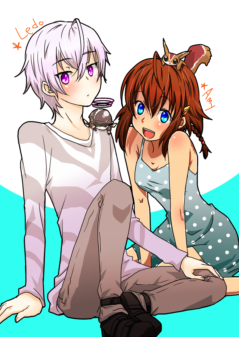 1boy, 1girl, accelerator_(toaru_majutsu_no_index), accelerator_(cosplay), amy_(suisei_no_gargantia), animal, blue_eyes, braid