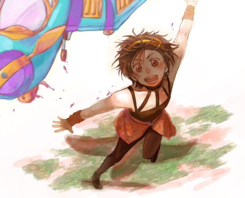 1boy, aerosmith_(stand), bad_id, bad_pixiv_id, belt, black_hair, choker, headband, highres, jojo_no_kimyou_na_bouken, male_focus, narancia_ghirga, short_hair, solo, stand_(jojo), sulky_mary, wristband