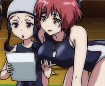 10s, 2girls, animated, animated_gif, bouncing_breasts, breast_lift, breasts, competition_swimsuit, kakumeiki_valvrave, large_breasts, lowres, multiple_girls, nanami_rion, nobi_marie, one-piece_swimsuit, orange_hair, swim_cap, swimsuit, whistle