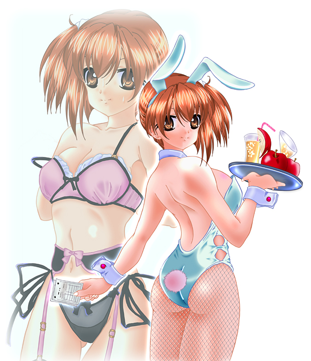 2girls, animal_ears, apple, ass, bra, brown_eyes, brown_hair, detached_collar