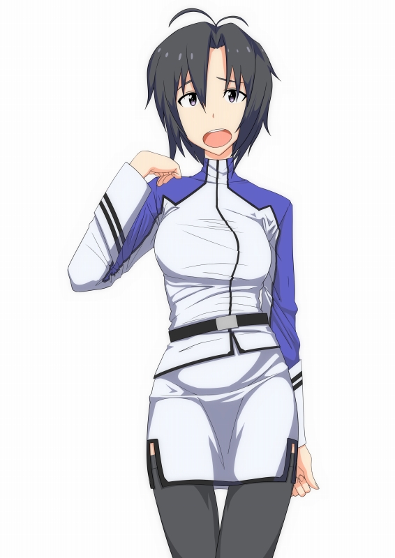 1girl, antenna_hair, belt, black_thighhighs, cosplay, female_focus, hirata_hiromi, idolmaster, idolmaster_(classic), kangoku_senkan, kikuchi_makoto, military, military_uniform, naomi_evans, naomi_evans_(cosplay), pencil_skirt, shinku_p, simple_background, skirt, solo, thighhighs, translation_request, voice_actor_connection, white_background