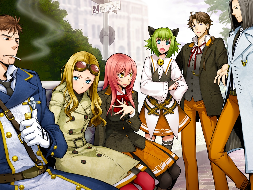 3boys, 3girls, anabeth_william_mardick_jr., animal_ears, cat_ears, green_hair, izumi_(ourai_no_gahkthun), liarsoft