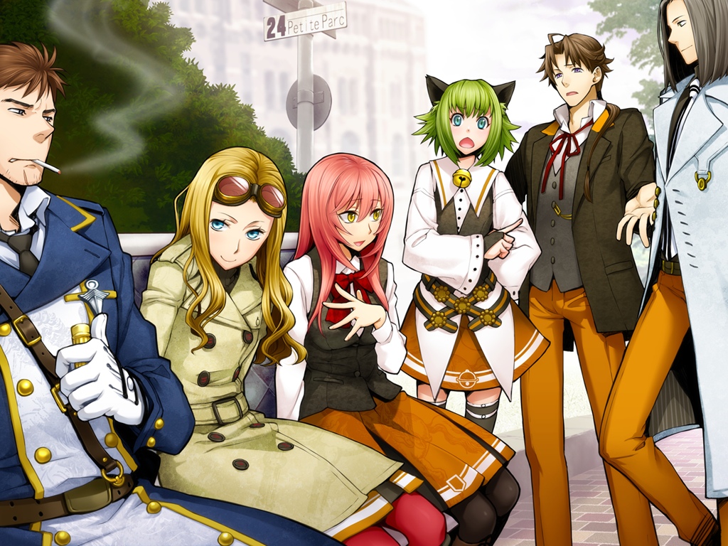 3boys, 3girls, anabeth_william_mardick_jr., animal_ears, cat_ears, green_hair, izumi_(ourai_no_gahkthun), liarsoft