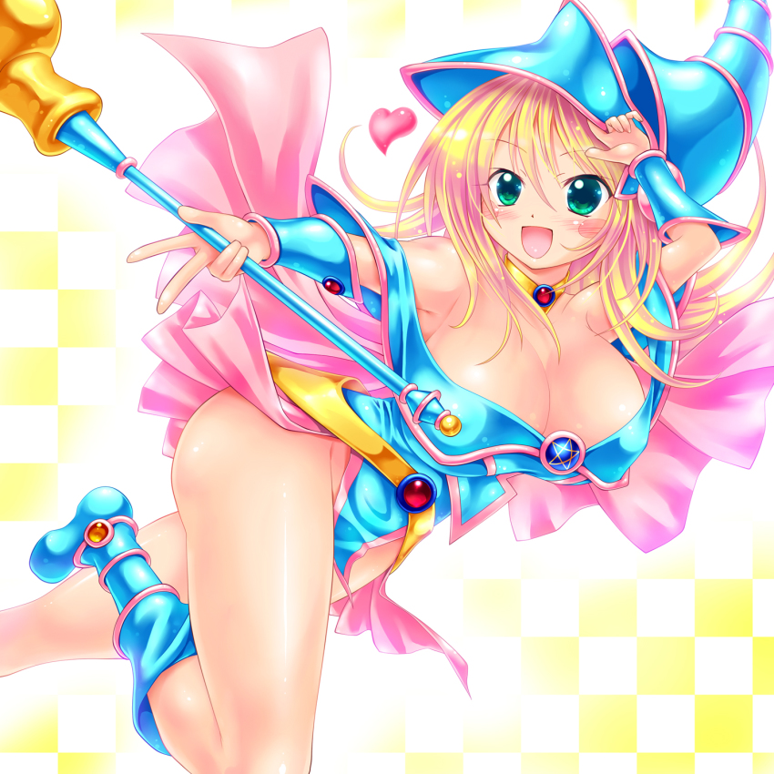 1girl, bare_shoulders, blonde_hair, blue_boots, blush, boots, breasts, checkered_background