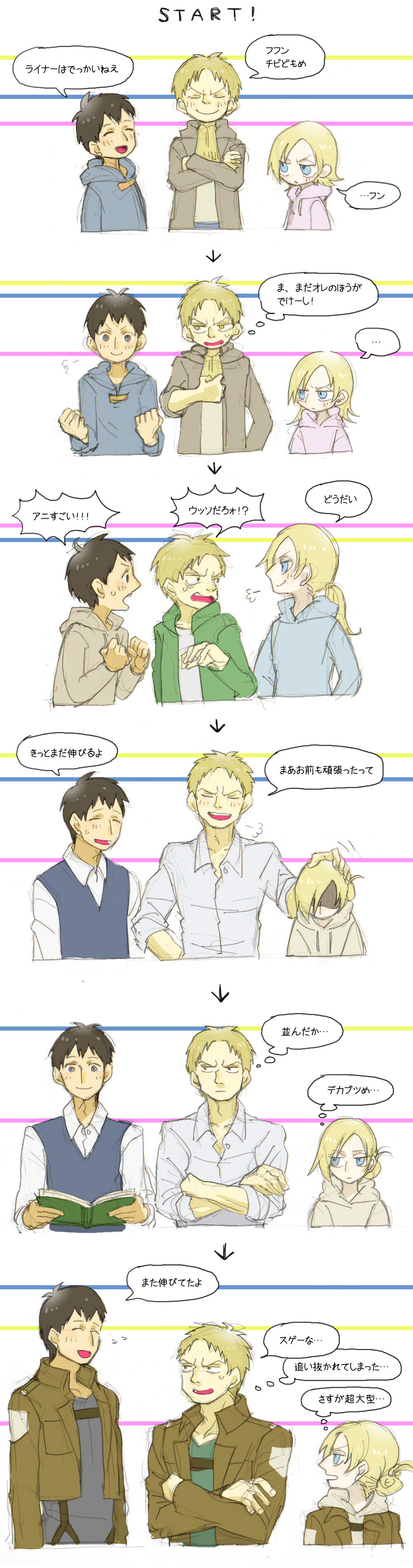 1girl, 2boys, absurdres, age_progression, annie_leonhart, bertolt_hoover, comic, height_chart, highres, long_image, mo(zu)co, multiple_boys, reiner_braun, shingeki_no_kyojin, spoilers, tall_image