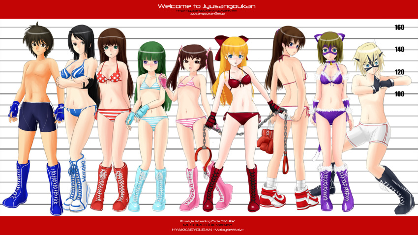 13, 2boys, 6+girls, animal_ears, ayano_(#13), bikini, black_eyes, black_hair