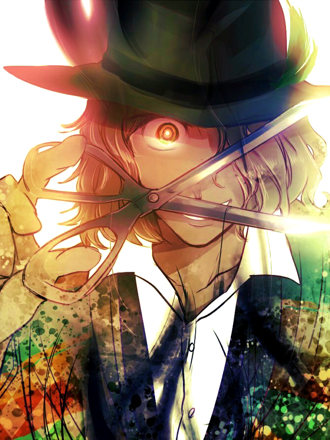 1boy, brown_eyes, brown_hair, cutting_hair, dress_shirt, gremlin_(kamen_rider_wizard), grin, hair_over_one_eye