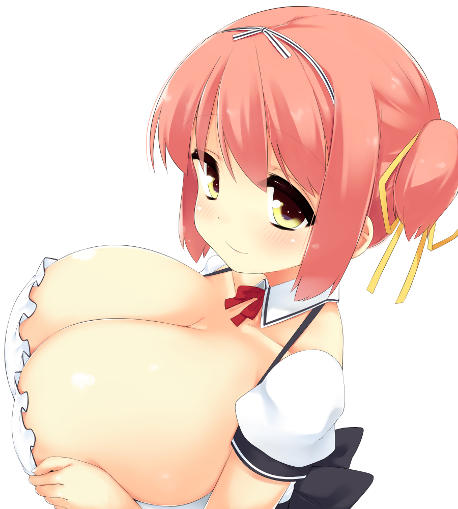 1girl, bare_shoulders, blush, breasts, cleavage, detached_collar, female_focus, hairband, huge_breasts, looking_at_viewer, original, pedocchi, pink_hair, red_hair, short_hair, smile, solo, waitress, yellow_eyes
