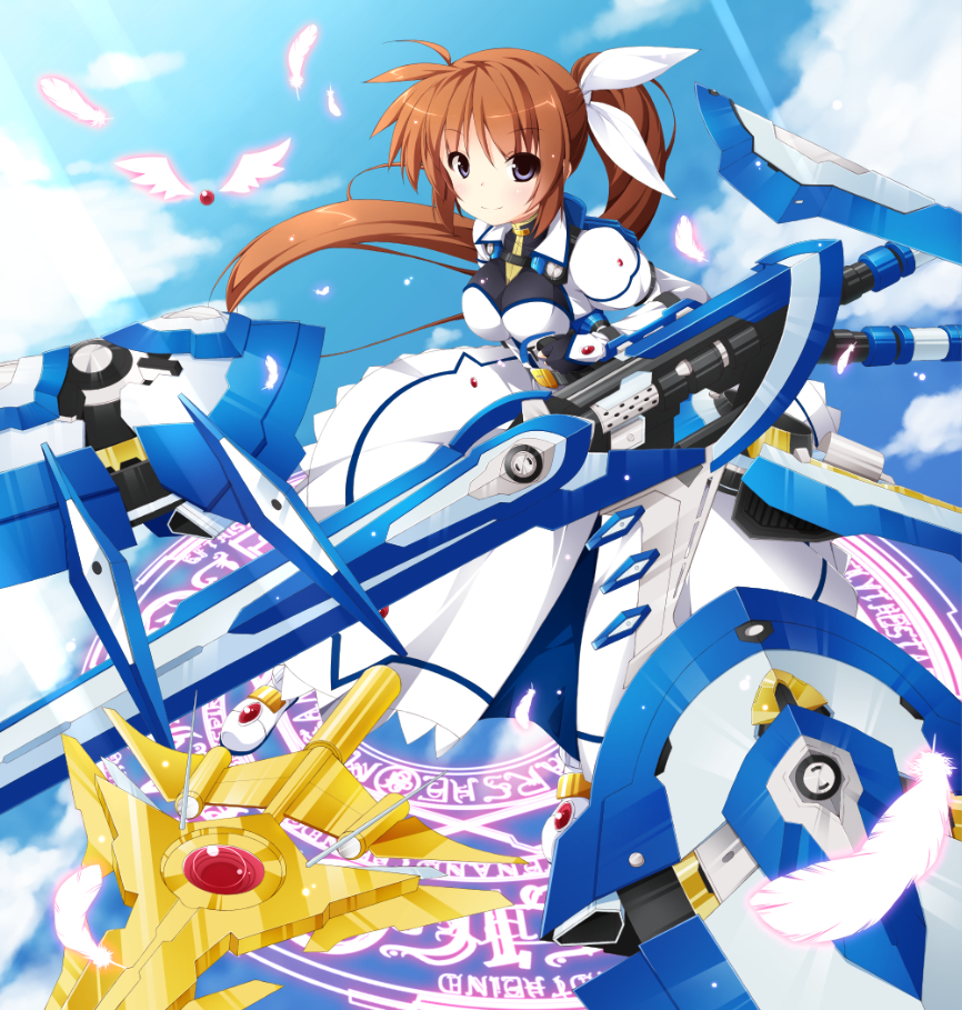 1girl, breasts, brown_hair, cloud, day, dress, feathers, female_focus