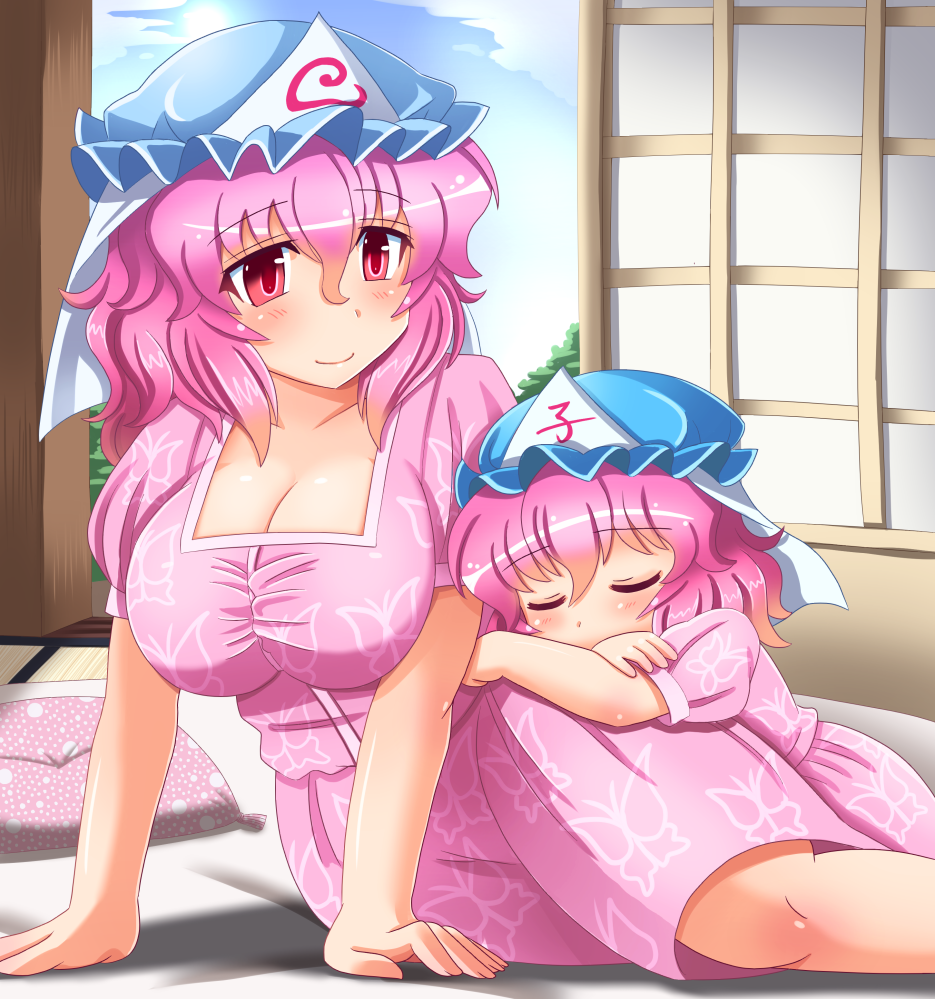 2girls, bad_id, bad_pixiv_id, breasts, child, cleavage, closed_eyes, female_focus