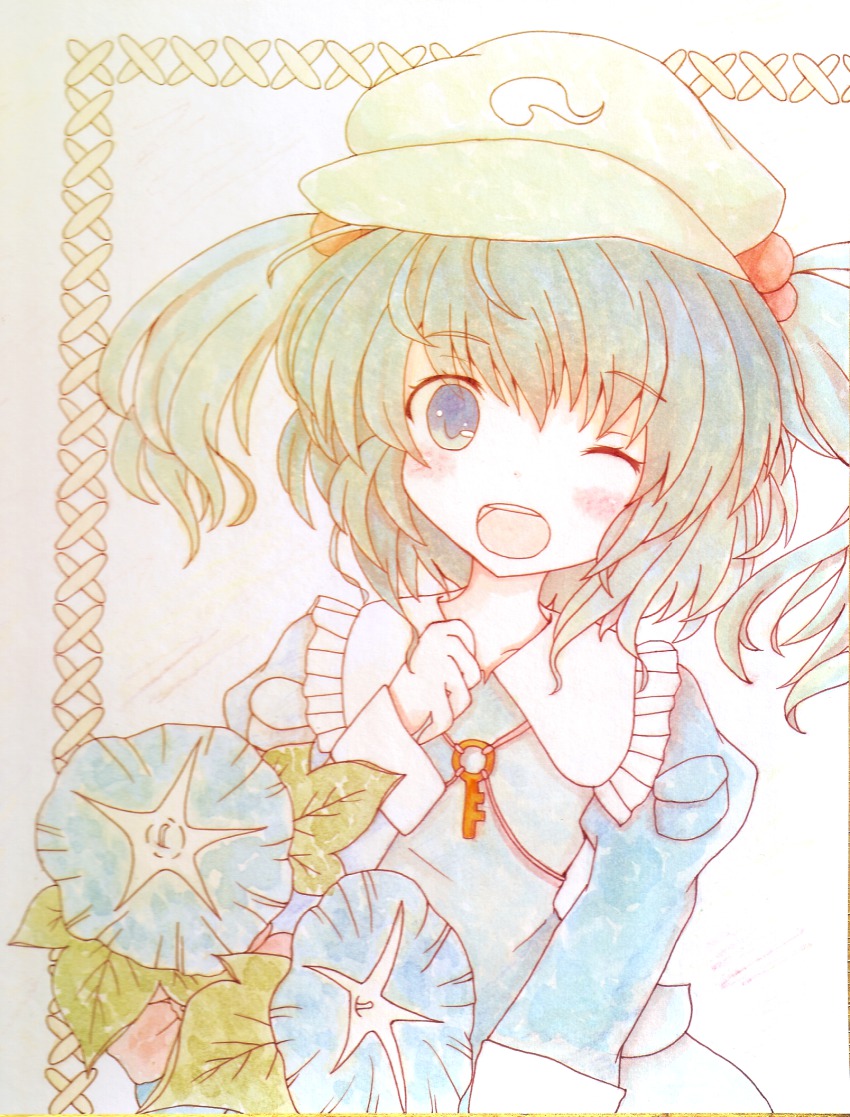 1girl, bad_id, bad_pixiv_id, blue_dress, blue_eyes, blush, dress, female_focus