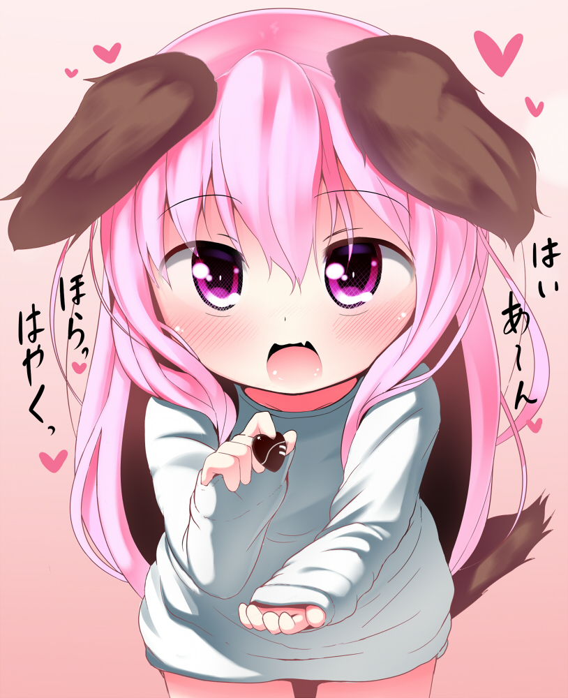 1girl, animal_ears, blush, chocolate, dog_ears, fang, female_focus, heart