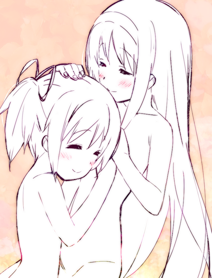 10s, 2girls, akemi_homura, bad_id, bad_pixiv_id, blush, closed_eyes, hair_ribbon