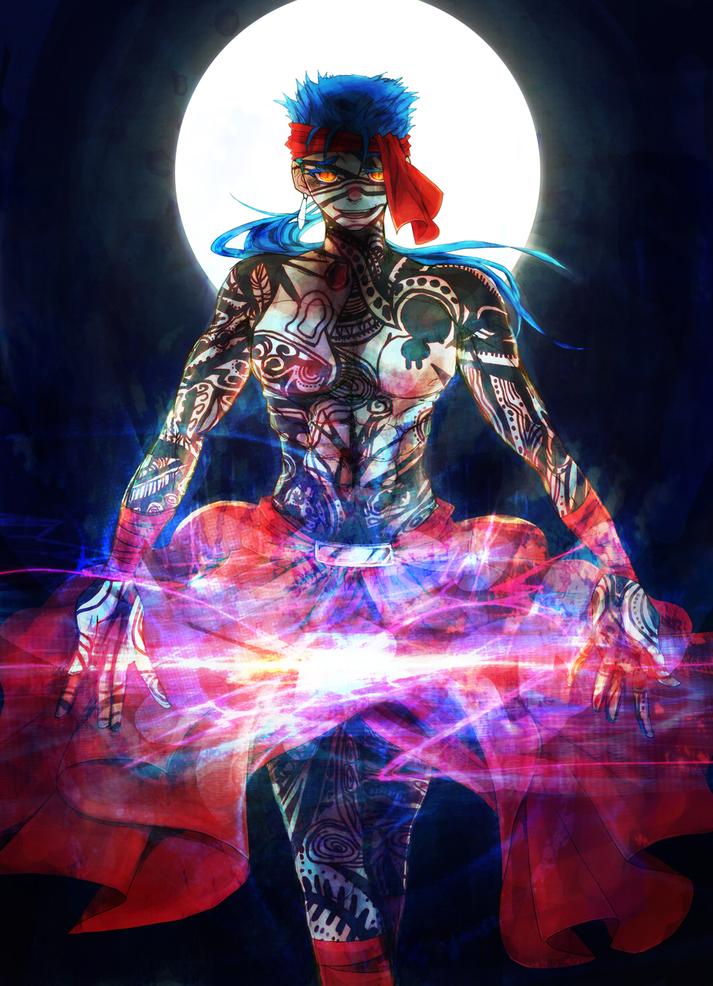 1boy, angra_mainyu_(fate), angra_mainyu_(fate)_(cosplay), black_hair, cosplay, cu_chulainn_(fate), dark-skinned_male, dark_skin, earrings, fate/hollow_ataraxia, fate_(series), full-body_tattoo, full_moon, glowing, glowing_eyes, hagoromo_09, headband, highres, jewelry, male_focus, moon, single_earring, solo, tattoo, yellow_eyes