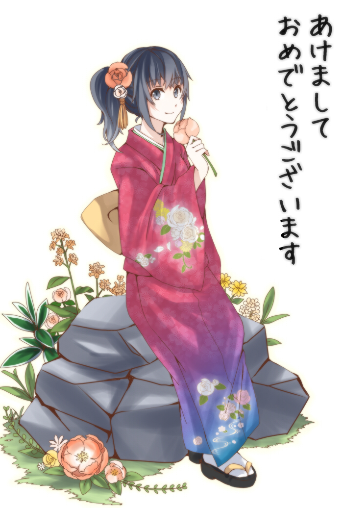 1girl, akeome, black_eyes, black_hair, female_focus, flower, hair_flower, hair_ornament