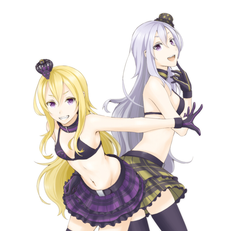 2girls, bikini, bikini_top_only, choker, exela_(summon_night), gloves, grin, hat, long_hair, looking_at_viewer, mini_hat, multiple_girls, navel, purple_eyes, sakurage, siblings, silver_hair, simple_background, sisters, skirt, smile, summon_night, summon_night_5, swimsuit, thighhighs, twins, veloce_(summon_night), white_background