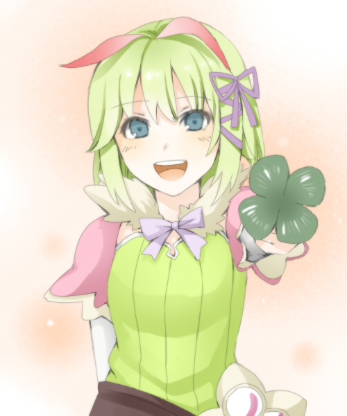 1girl, antenna_hair, blue_eyes, bow, clover, female_focus, four-leaf_clover, green_eyes