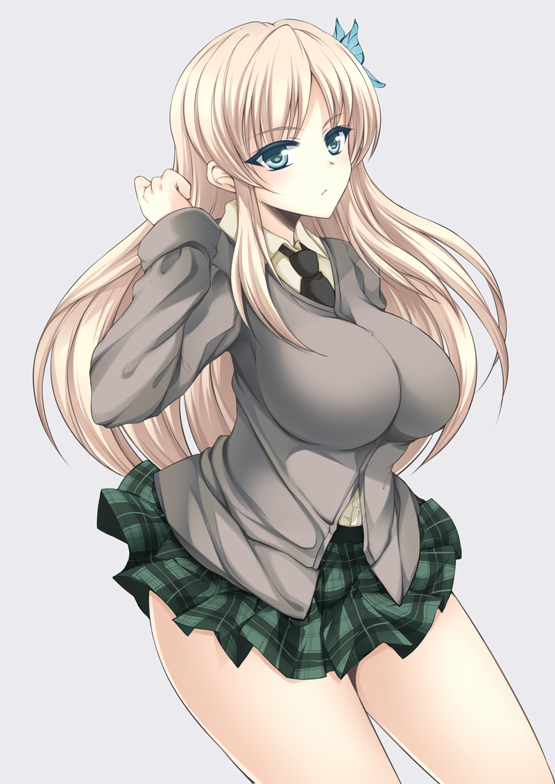 10s, 1girl, blonde_hair, boku_wa_tomodachi_ga_sukunai, breasts, bug, butterfly, butterfly_hair_ornament, cardigan, hair_ornament, insect, kashiwazaki_sena, large_breasts, long_hair, plaid_clothes, plaid_skirt, school_uniform, skirt, tokonaru