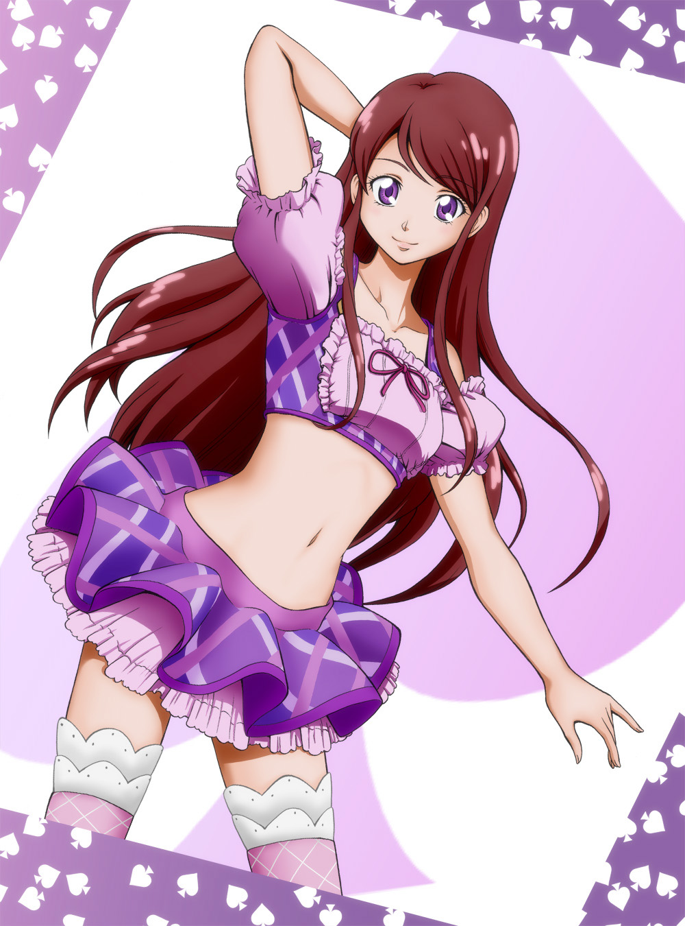 10s, 1girl, aikatsu!, aikatsu!_(series), brown_hair, crop_top, female_focus, frilled_skirt