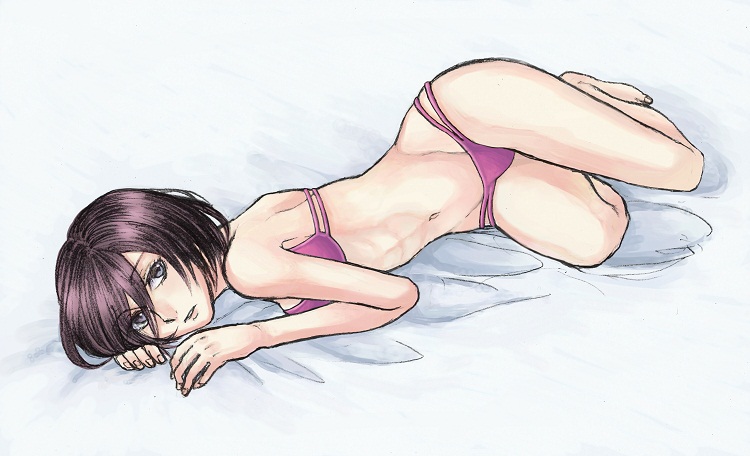 1girl, bikini, black_eyes, black_hair, female_focus, gurio, lying, mikasa_ackerman, on_side, shingeki_no_kyojin, short_hair, solo, swimsuit