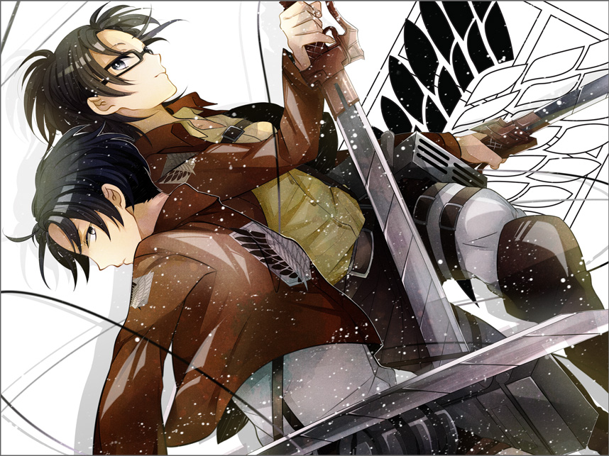 1boy, 1girl, belt, black_eyes, black_hair, boots, glasses, hange_zoe