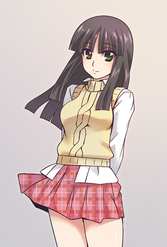 00s, 1girl, aran_sweater, arms_behind_back, black_hair, blunt_bangs, cable_knit, gad_guard