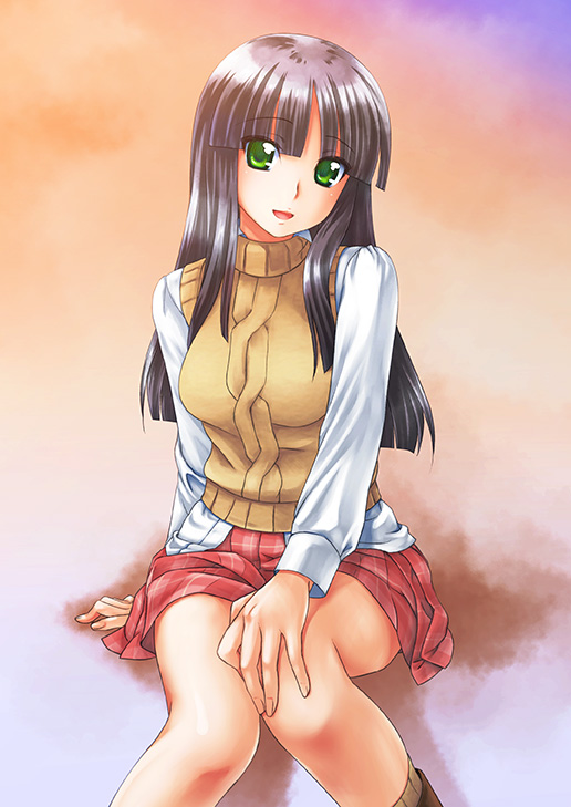 00s, 1girl, aran_sweater, arm_support, black_hair, blunt_bangs, cable_knit, gad_guard