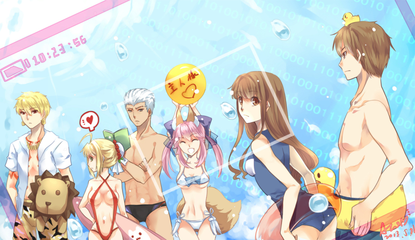 10s, 3boys, 3girls, archer_(black_swimmer)_(fate), archer_(fate), ball, beachball, bikini