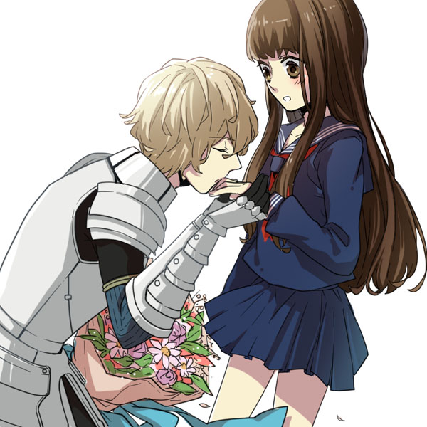10s, 1boy, 1girl, armor, blonde_hair, blush, bouquet, brown_eyes