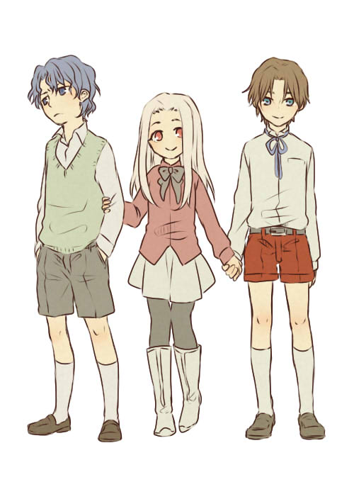 1girl, 2boys, aged_down, black_pantyhose, blue_hair, boots, brown_hair, child