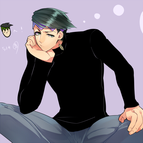 1boy, 5spra, black_hair, earrings, green_eyes, headband, jewelry, jojo_no_kimyou_na_bouken