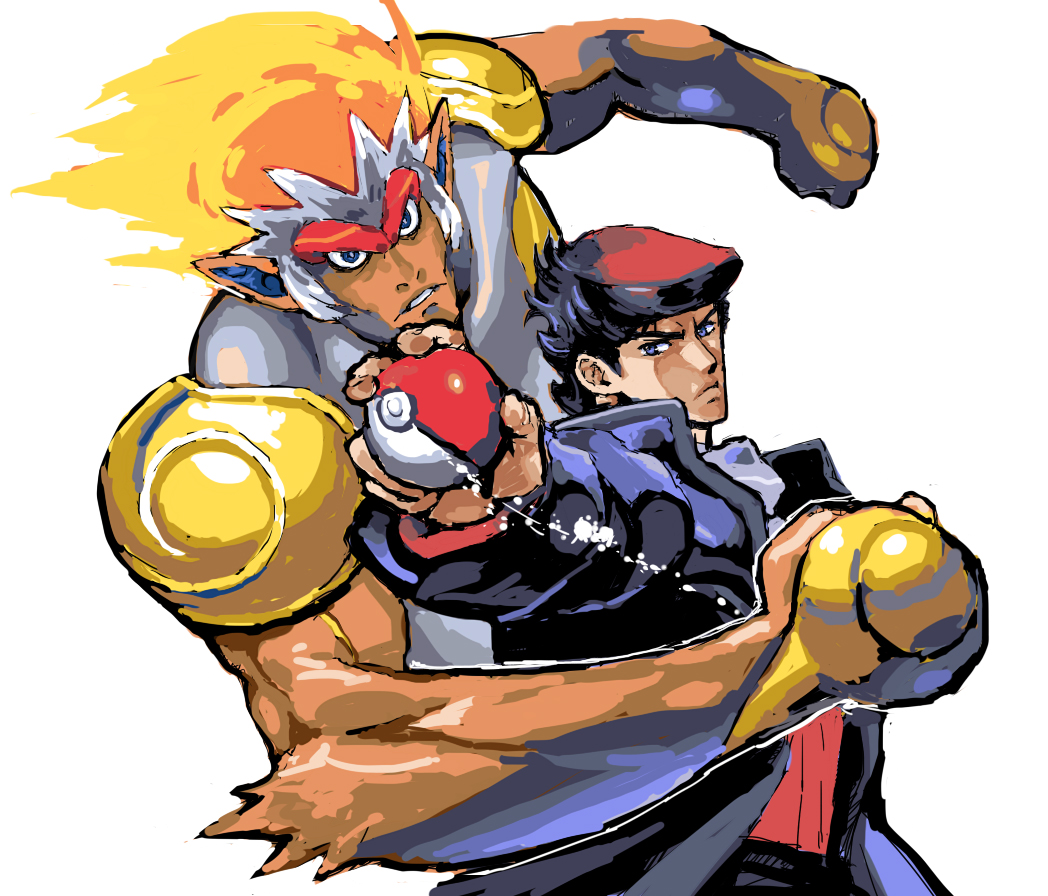 2boys, beret, gen_4_pokemon, hat, infernape, jojo_no_kimyou_na_bouken, kuujou_joutarou, lucas_(pokemon)