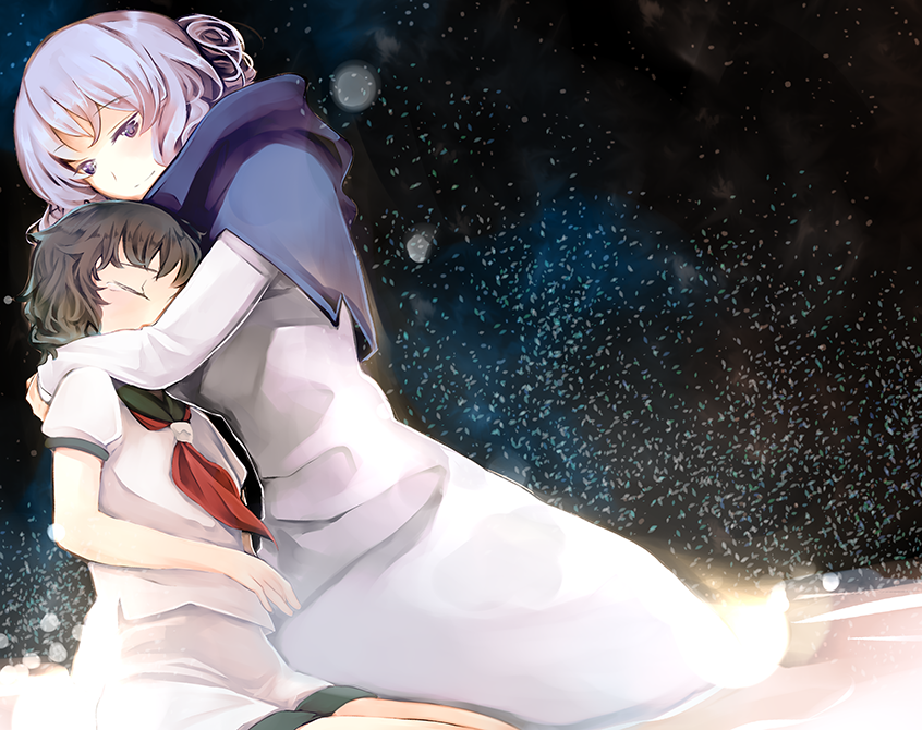 2girls, atoki, black_hair, blue_eyes, closed_eyes, dress, female_focus, gradient_background