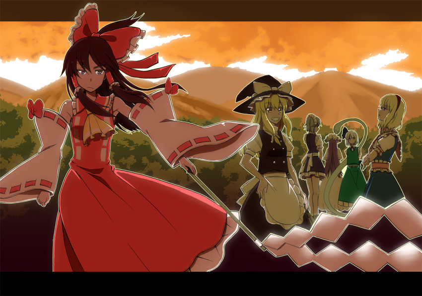 6+girls, alice_margatroid, blonde_hair, bow, brown_hair, capelet, detached_sleeves, dress