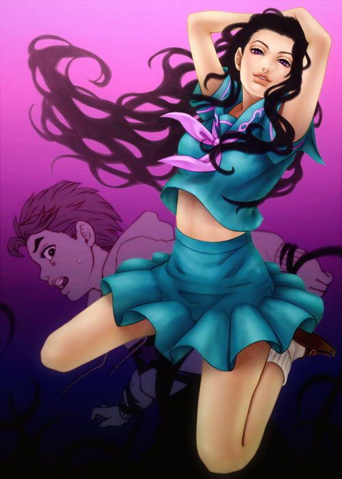 1boy, 1girl, black_hair, ekuru_(pixiv618303), hirose_koichi, hood, hoodie, jojo_no_kimyou_na_bouken