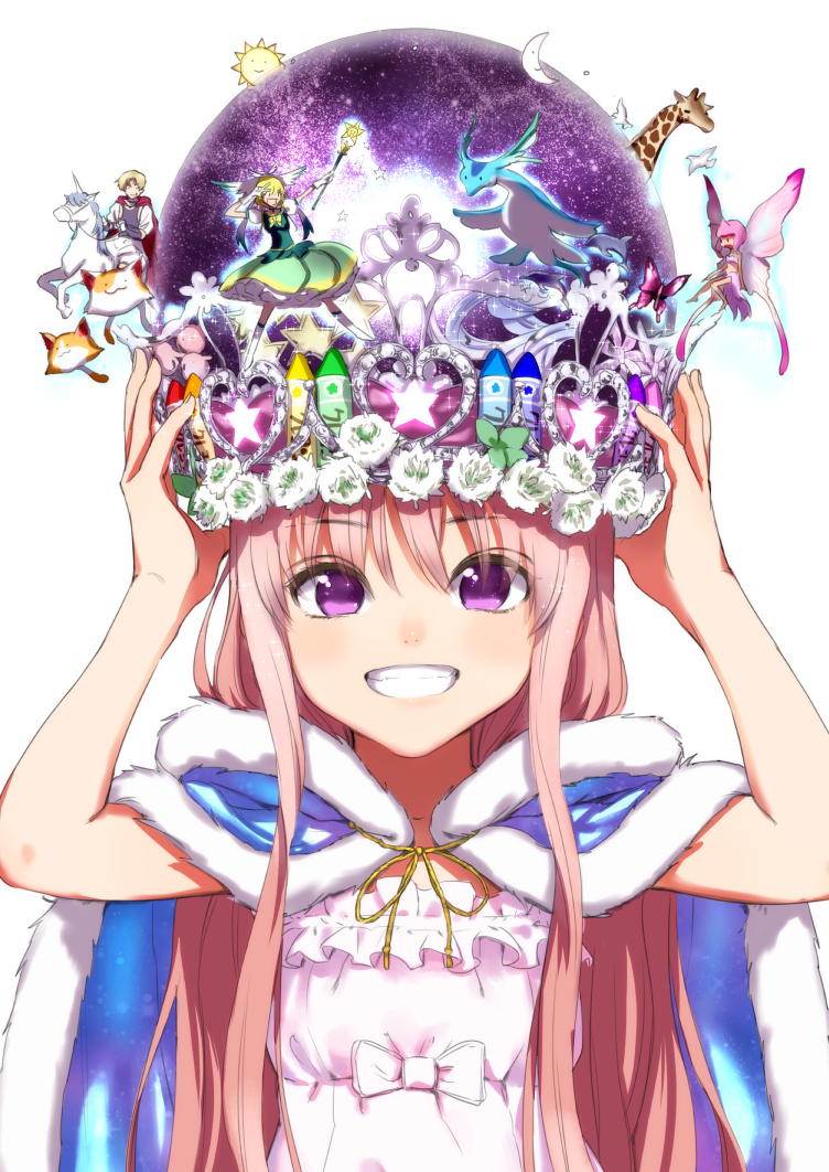 1boy, 3girls, :3, :d, animal, bird, blonde_hair, blush