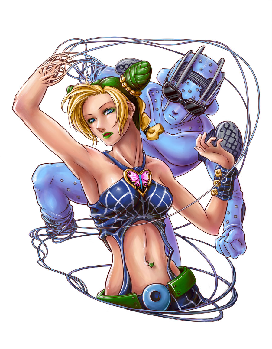 2girls, bare_shoulders, black_hair, blonde_hair, blue_eyes, braid, cone_hair_bun, double_bun