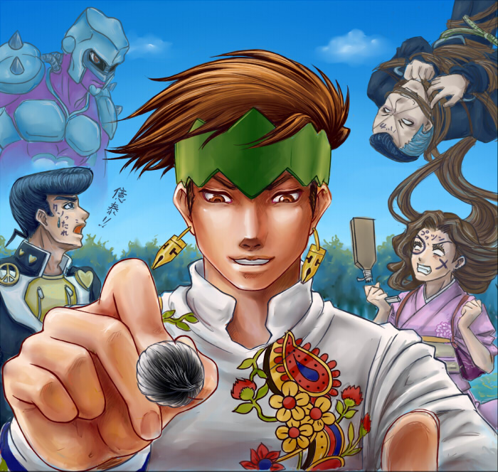 1girl, 4boys, black_hair, bound, brown_hair, calligraphy_brush, cloud, crazy_diamond