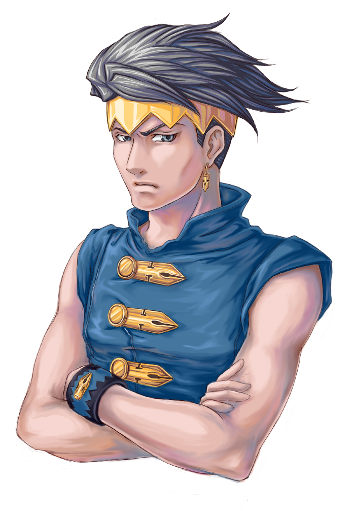 1boy, black_eyes, black_hair, crossed_arms, earrings, hatakeyama_0222, headband, jewelry