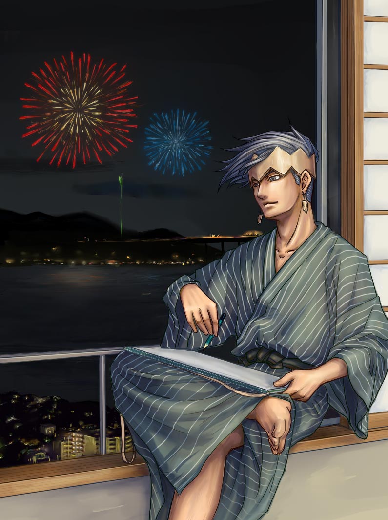1boy, barefoot, black_eyes, black_hair, earrings, fireworks, hatakeyama_0222, headband, japanese_clothes, jewelry, jojo_no_kimyou_na_bouken, kimono, kishibe_rohan, male_focus, solo