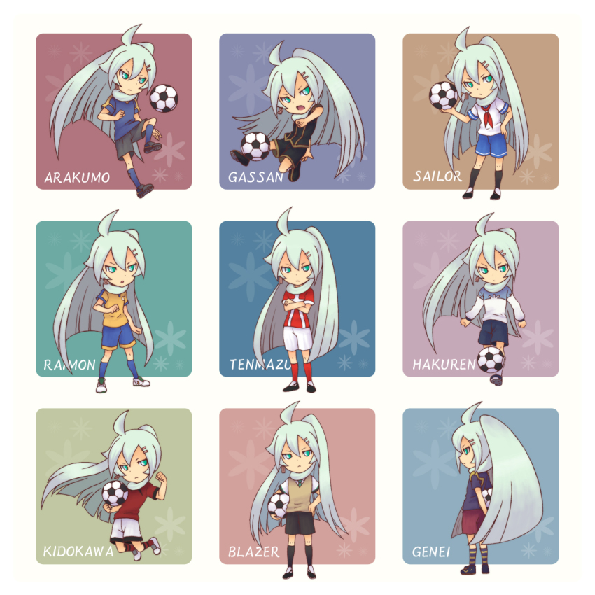 1girl, arakumo_gakuen, arakumo_gakuen_soccer_uniform, bad_id, bad_pixiv_id, ball, female_focus, gassan_kunimitsu, genei_gakuen, green_eyes, green_hair, hakuren, highres, inazuma_eleven_(series), inazuma_eleven_go, inazuma_eleven_go_chrono_stone, kidokawa_seishuu, lightning_bolt_symbol, long_hair, manto_(inazuma_eleven), matching_hair/eyes, raimon, raimon_soccer_uniform, sailor_wear, sao_(rakugakioukoku), school_uniform, soccer, soccer_ball, soccer_uniform, solo, sportswear, standing, telstar, tenmas, very_long_hair