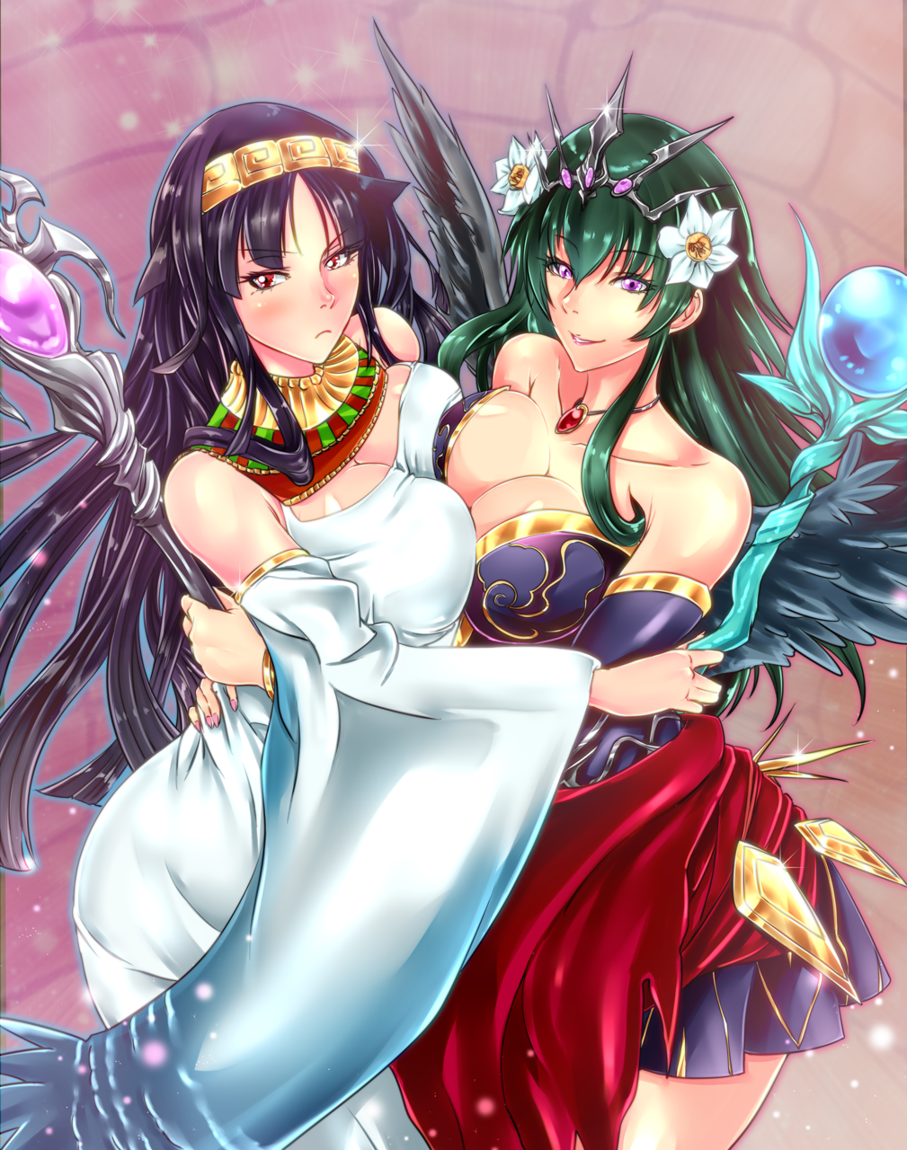 2girls, bare_shoulders, black_hair, breast_press, breasts, cleavage, green_hair, highres