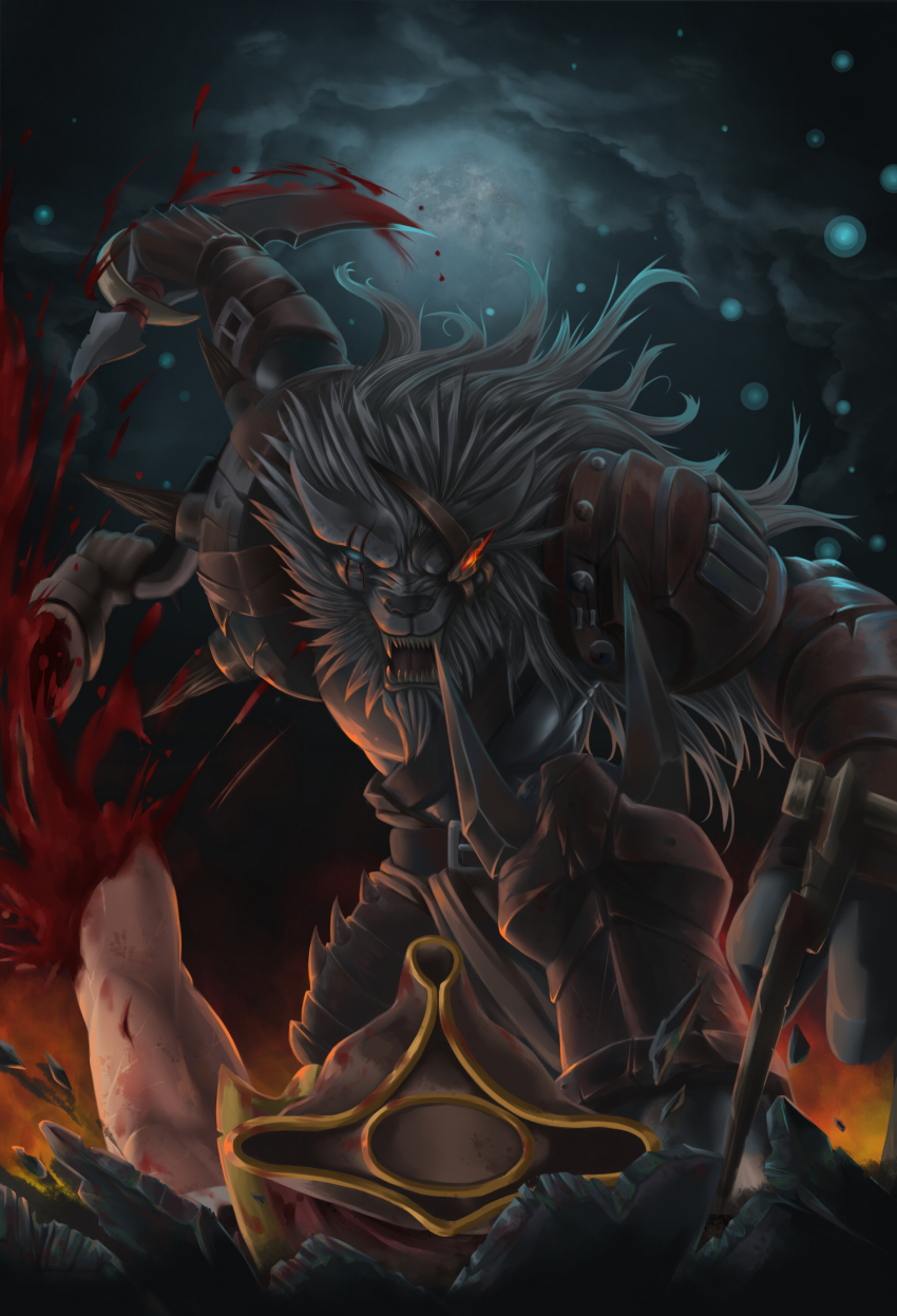 1boy, armor, bad_id, bad_pixiv_id, blood, eep167389, eyepatch, full_moon, gangplank_(league_of_legends), glowing, glowing_eyes, gun, hat, highres, knife, league_of_legends, lion, moon, rengar, scar, severed_limb, sky, teeth, weapon