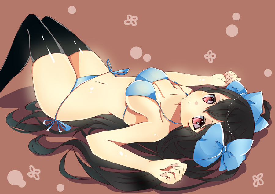 1girl, bad_id, bad_pixiv_id, bikini, black_hair, blue_bikini, breasts, female_focus