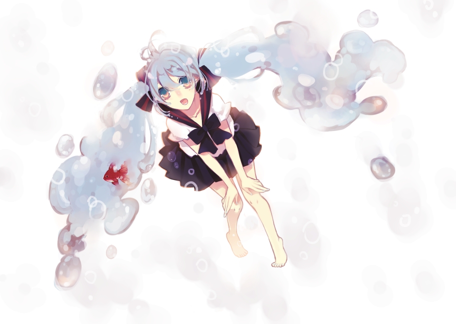 1girl, bad_id, bad_pixiv_id, barefoot, bottle_miku, female_focus, fish, goldfish