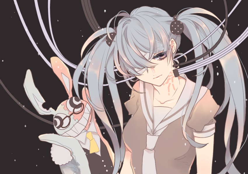 1girl, bad_id, bad_pixiv_id, bandage_over_one_eye, blue_hair, cable, female_focus, glasses