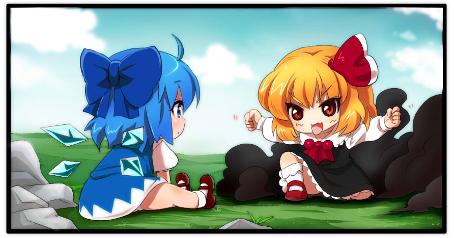 >:d, 2girls, :/, :d, aged_down, ahoge, blonde_hair, bloomers